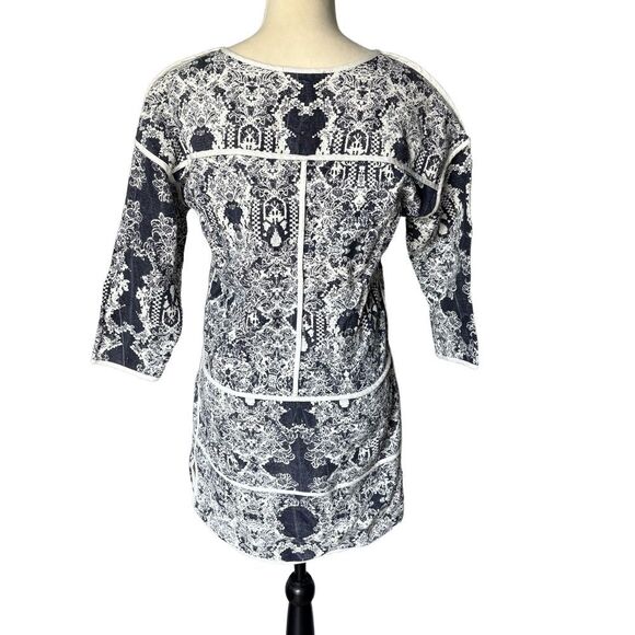 PIPERLIME COLLECTION Linen Tunic Panel Dress Size XS Blue White V-Neck Bohemian - Picture 2 of 5